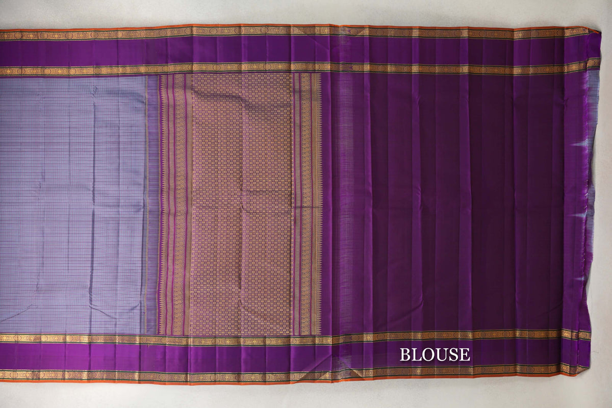 Grey with Violet Purple with Mustard Selvedge Rettai Pettu Borders Vintage Kanjivaram Silk Saree blouse