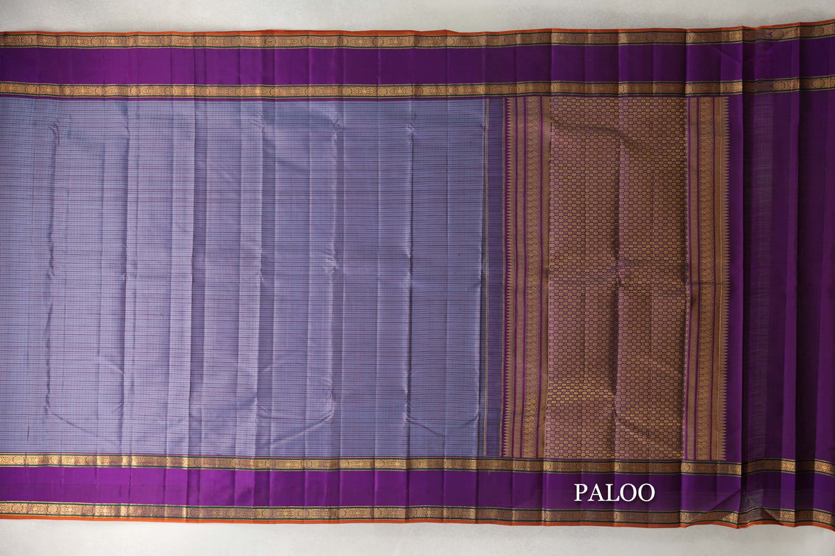 Grey with Violet Purple with Mustard Selvedge Rettai Pettu Borders Vintage Kanjivaram Silk Saree paloo