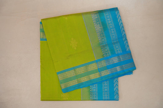 Bright Leaf Green with Aqua Blue Borders Vintage Silk Cotton Saree SS9140