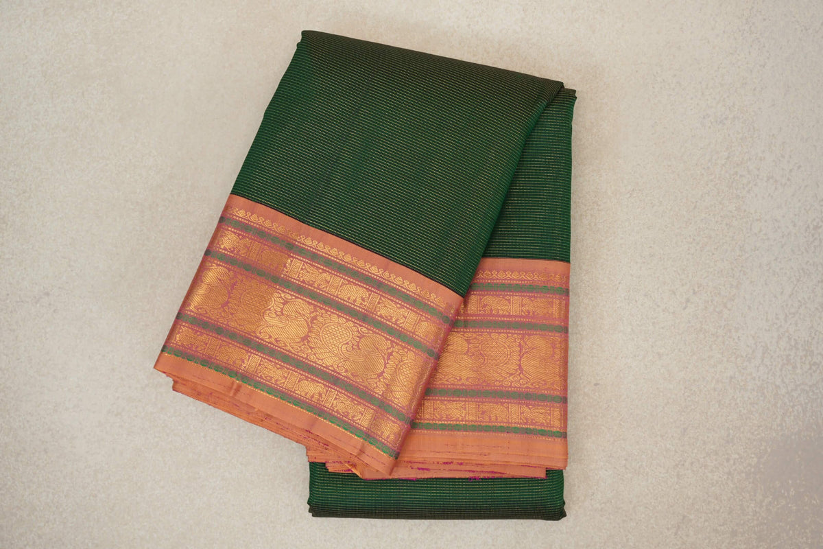 Dark Bottle Green Vaira Oosi with Dual Tone of Yellow and Pink Borders Vintage Kanjivaram Silk Saree 