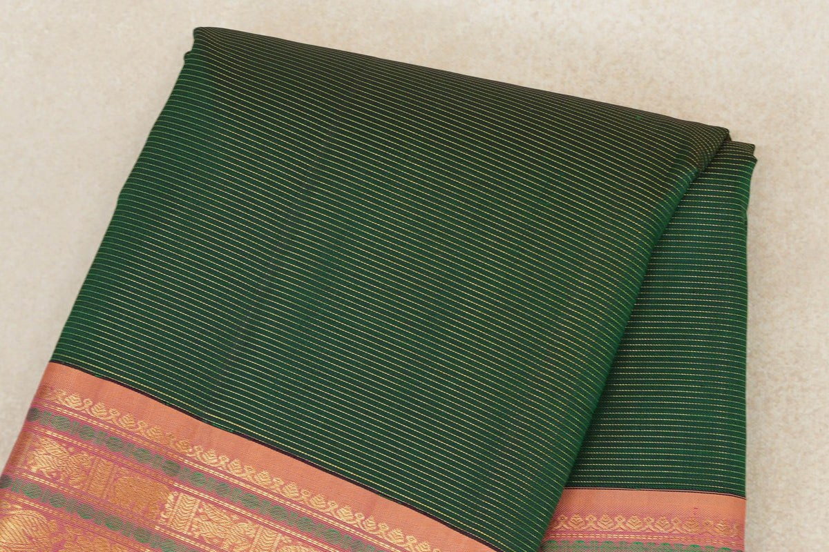 Dark Bottle Green Vaira Oosi with Dual Tone of Yellow and Pink Borders Vintage Kanjivaram Silk Saree body