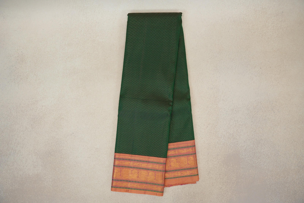 Online Dark Bottle Green Vaira Oosi with Dual Tone of Yellow and Pink Borders Vintage Kanjivaram Silk Saree 