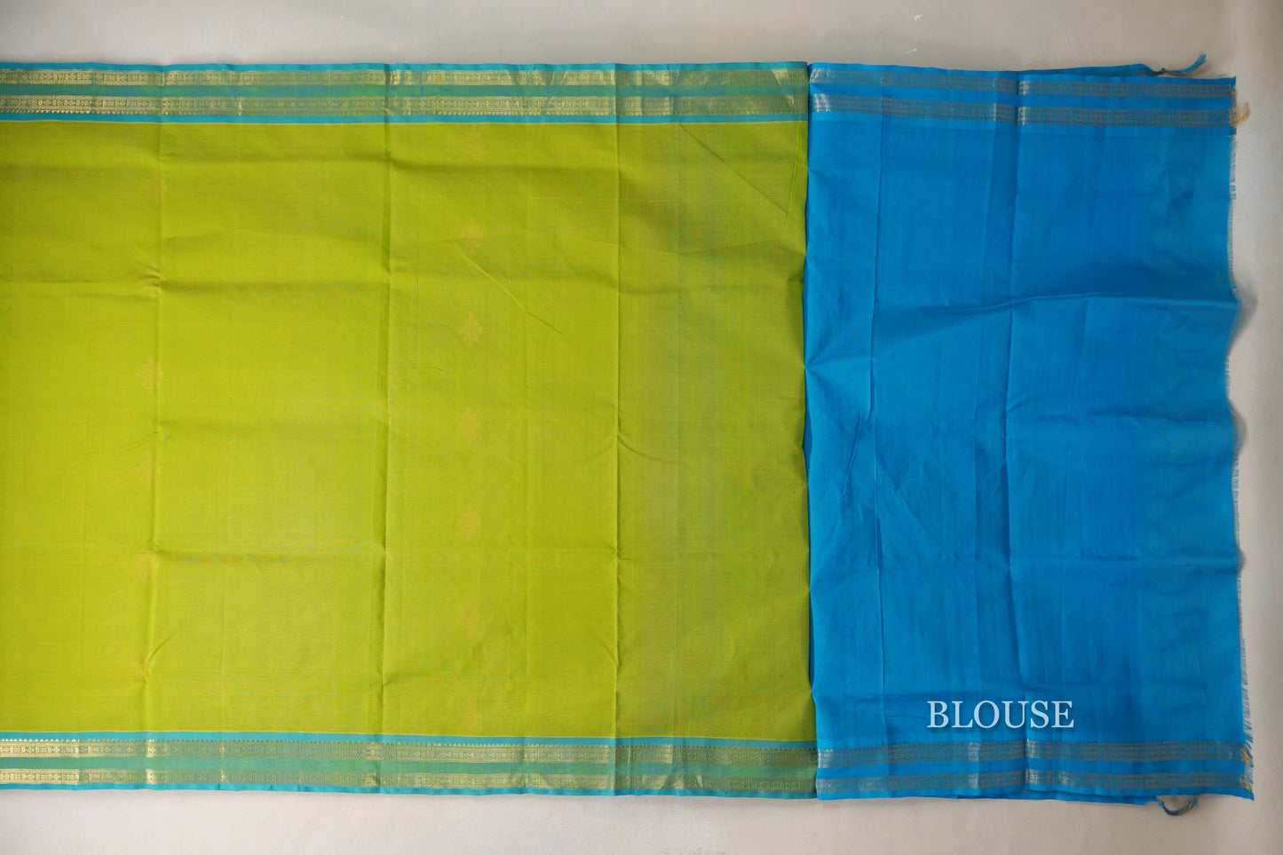 Bright Leaf Green with Aqua Blue Borders Vintage Silk Cotton Saree SS9140