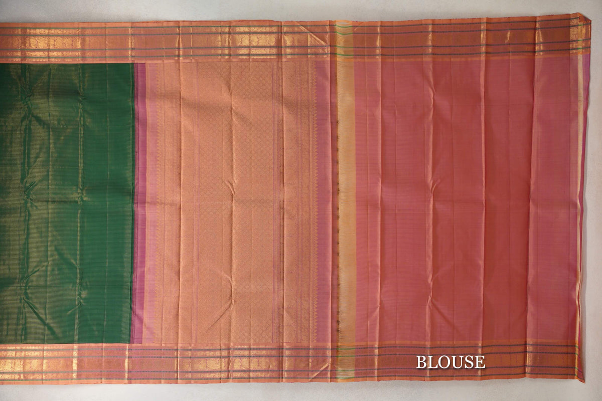 Dark Bottle Green Vaira Oosi with Dual Tone of Yellow and Pink Borders Vintage Kanjivaram Silk Saree blouse