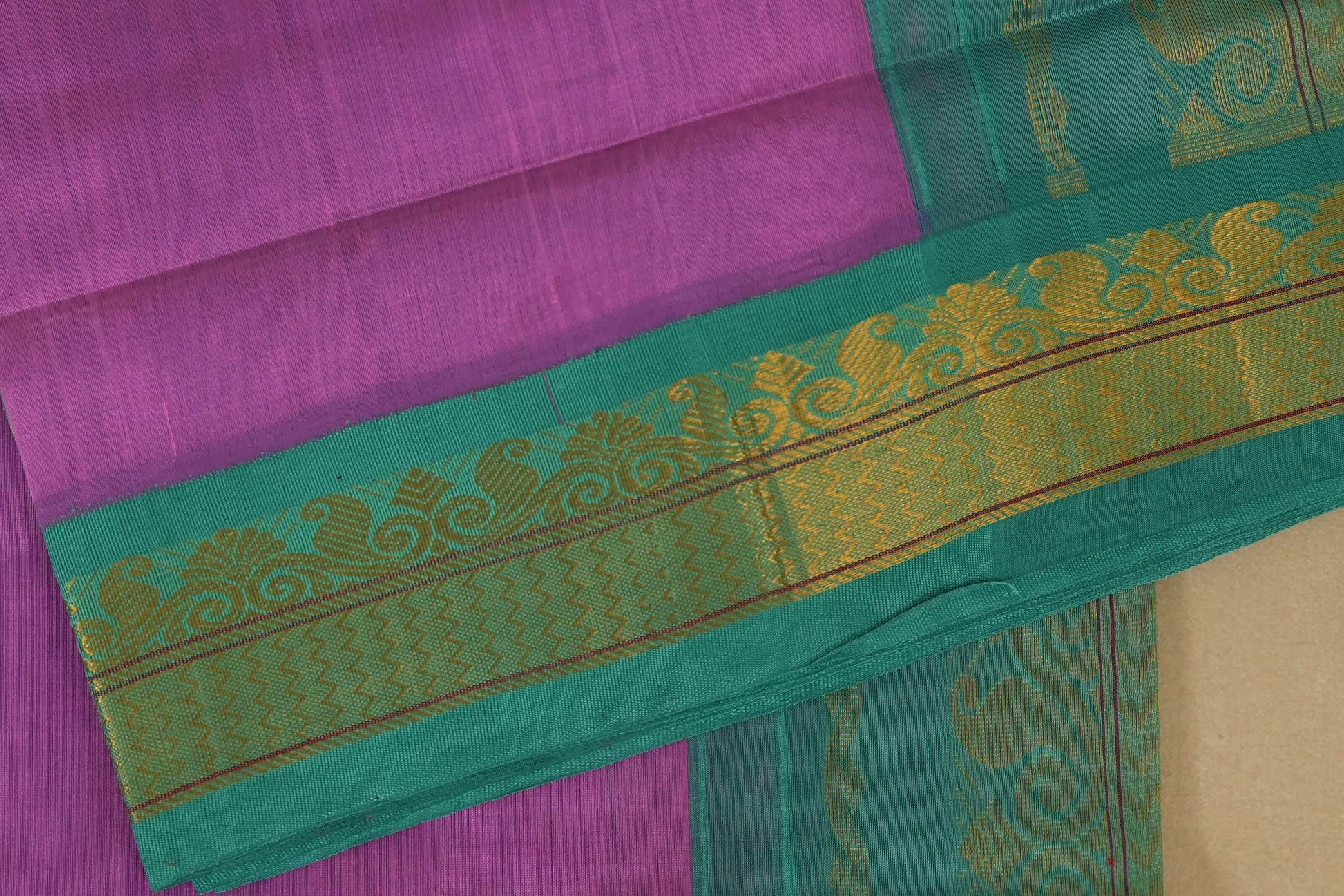 Lavender with Rama blue Nine and a half Yards Silk Cotton Saree borders