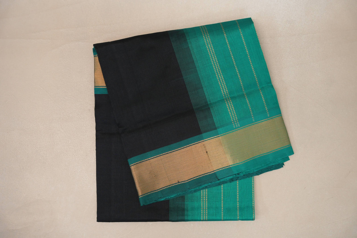 Black with Peacock Green Borders Vintage Silk Cotton Saree SS9141