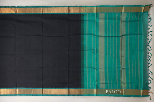 Black with Peacock Green Borders Vintage Silk Cotton Saree SS9141