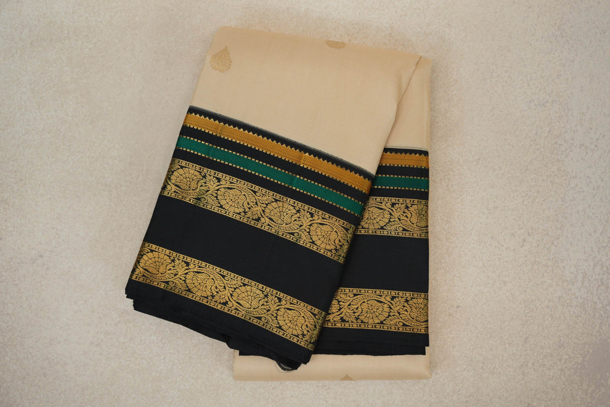 Cream Beige with Dark Navy Blue Borders Vintage Kanjivaram Silk Saree