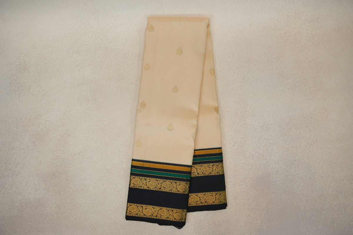 Online Cream Beige with Dark Navy Blue Borders Vintage Kanjivaram Silk Saree