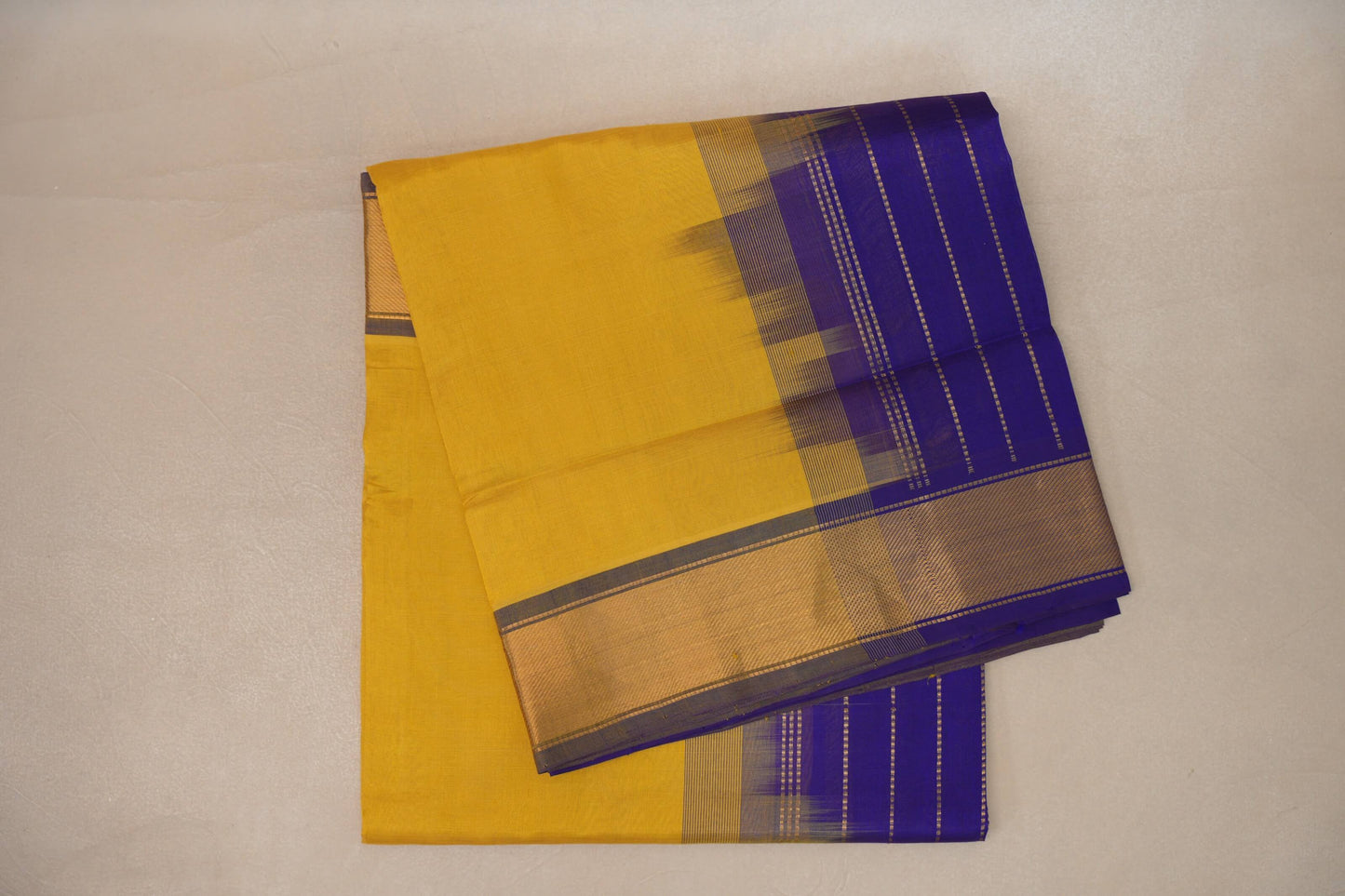 Golden Yellow with Royal Blue Borders Vintage Silk Cotton Saree SS9142