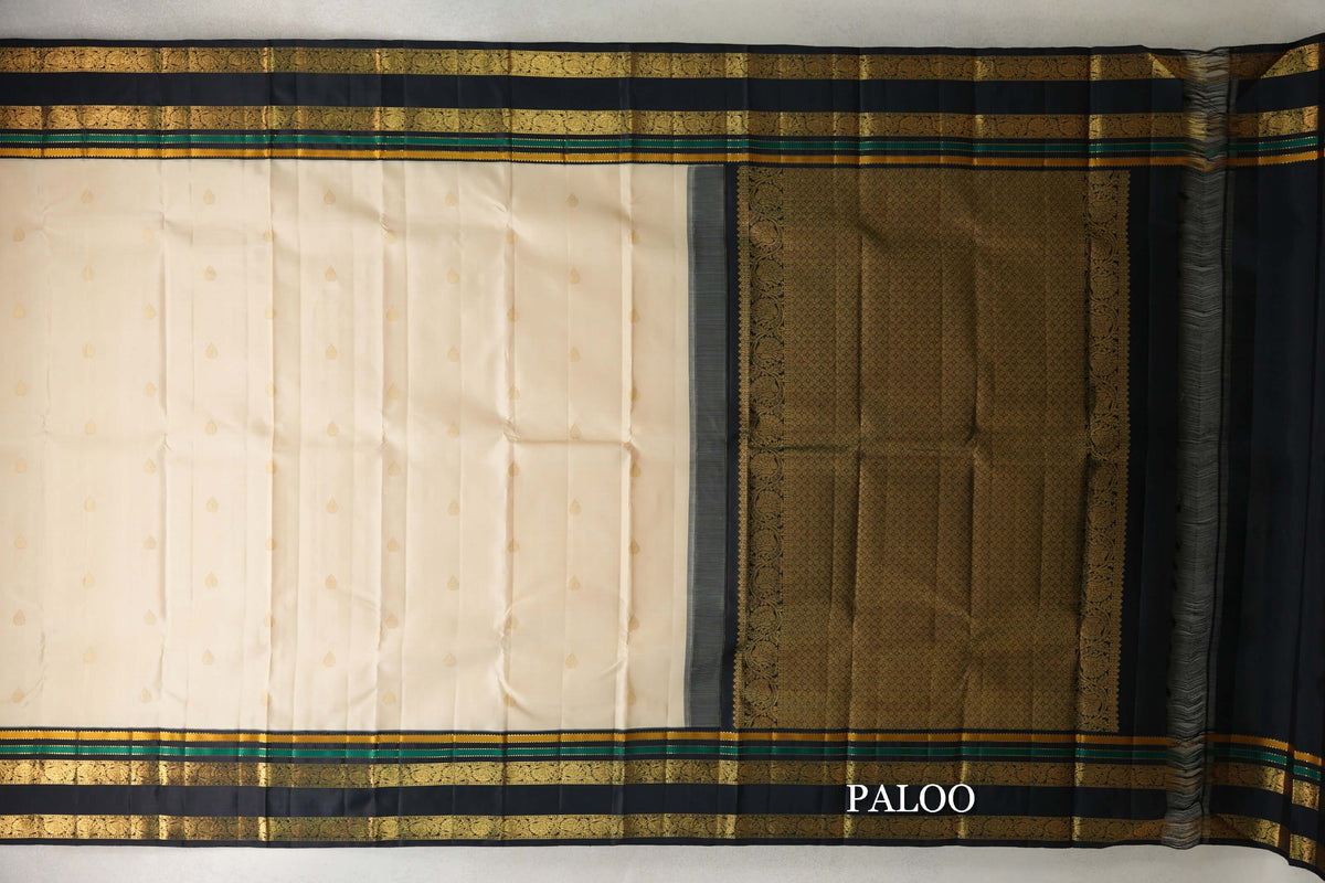 Cream Beige with Dark Navy Blue Borders Vintage Kanjivaram Silk Saree paloo