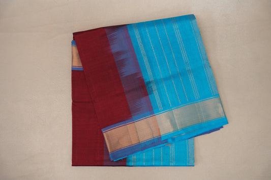 Reddish Maroon with Sky Blue Borders Vintage Silk Cotton Saree SS9143