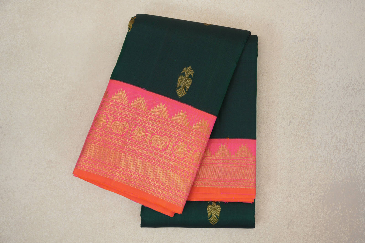 Dark Bottle Green with Orangish Pink Borders Vintage Kanjivaram Silk Saree