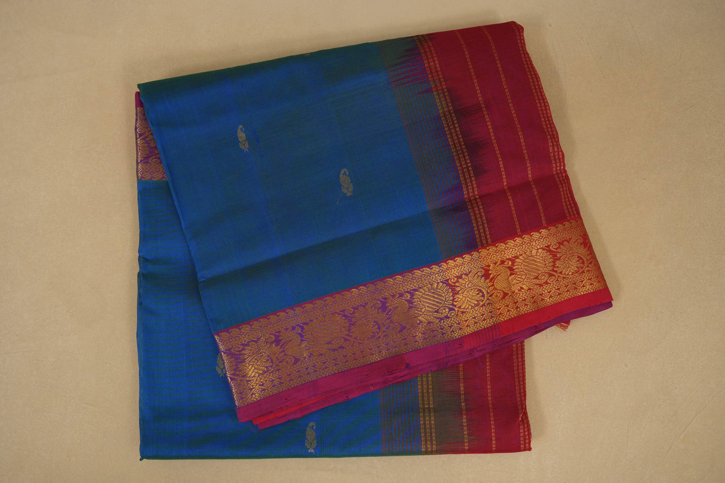 Peacock Green with pink Nine and a half Yards Silk Cotton Saree 
