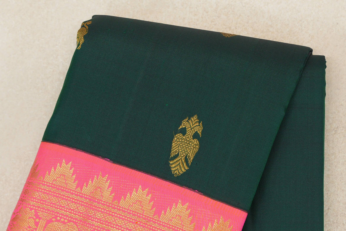 Dark Bottle Green with Orangish Pink Borders Vintage Kanjivaram Silk Saree body