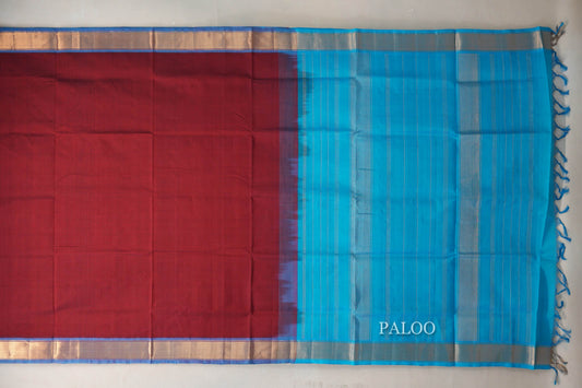 Reddish Maroon with Sky Blue Borders Vintage Silk Cotton Saree SS9143