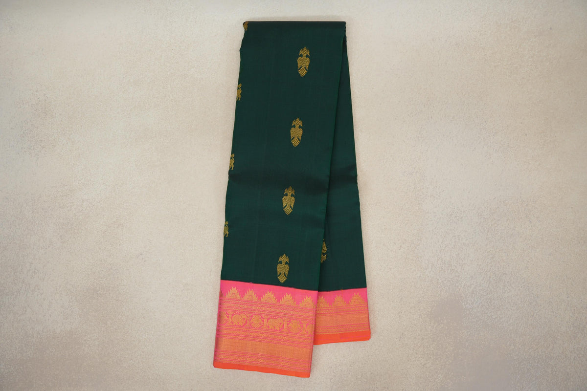 Online Dark Bottle Green with Orangish Pink Borders Vintage Kanjivaram Silk Saree