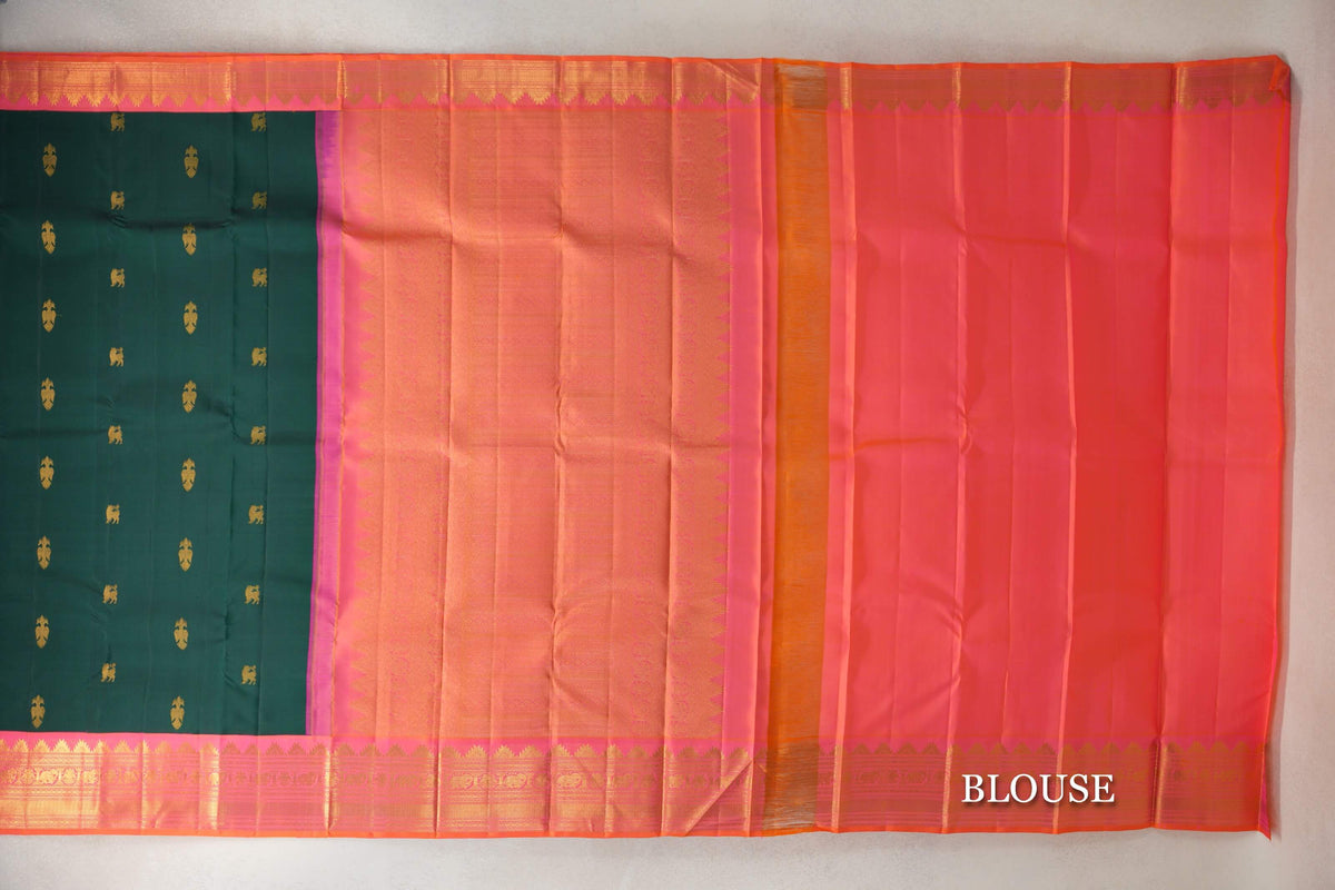 Dark Bottle Green with Orangish Pink Borders Vintage Kanjivaram Silk Saree blouse