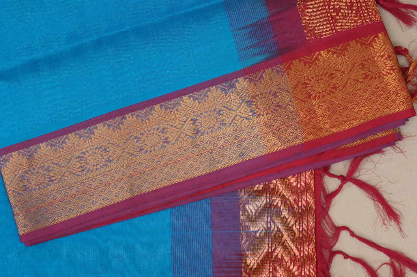 Dark Sky Blue with Reddish Pink Borders Vintage Silk Cotton Saree SS9144