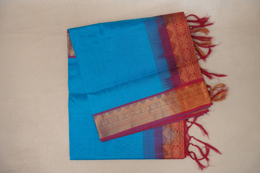 Dark Sky Blue with Reddish Pink Borders Vintage Silk Cotton Saree SS9144