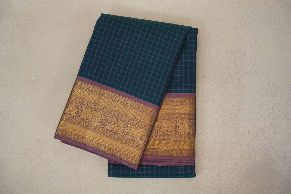 Peacock Green with Dusty Mauve Borders Vintage Kanjivaram Silk Saree