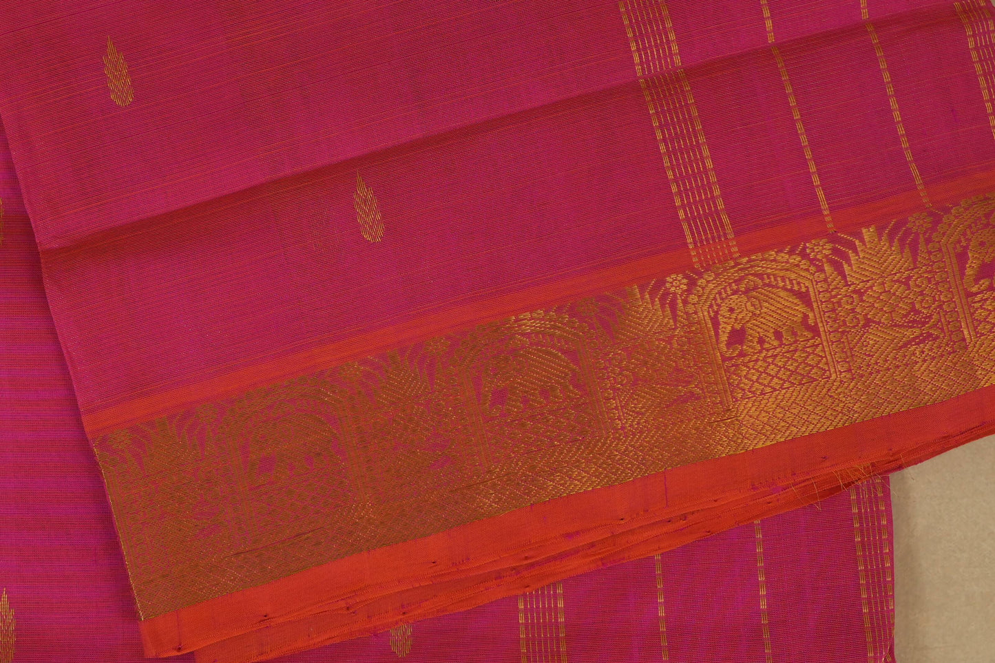 Orange with Pink Dual Tone Nine and a half Yards Silk Cotton Saree borders
