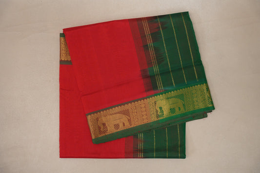 Bright Red with Emerald Green Borders Vintage Silk Cotton Saree SS9145