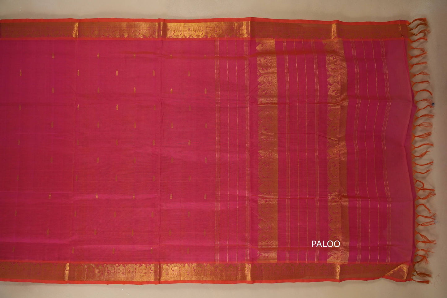 Orange with Pink Dual Tone Nine and a half Yards Silk Cotton Saree paloo