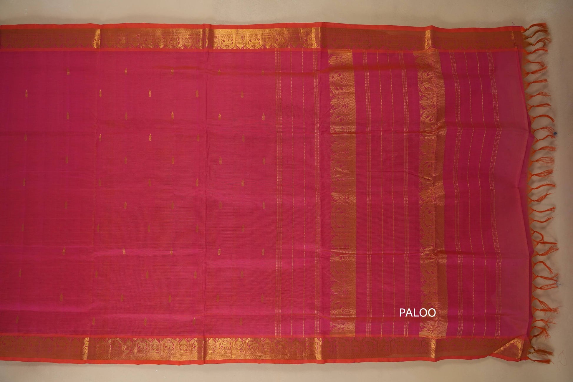 Orange with Pink Dual Tone Nine and a half Yards Silk Cotton Saree paloo