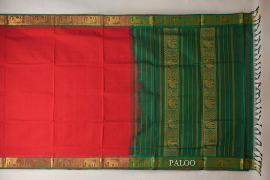 Bright Red with Emerald Green Borders Vintage Silk Cotton Saree SS9145