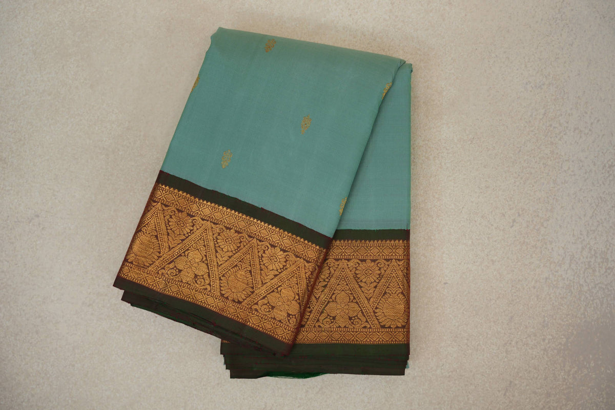 Pastel Sea Green with Dual Tone of Deep Bottle Green and Maroon Borders Vintage Kanjivaram Silk Saree
