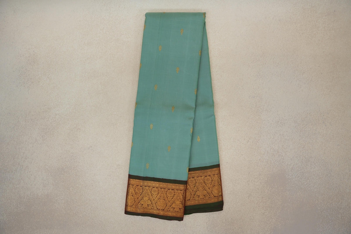 Online Pastel Sea Green with Dual Tone of Deep Bottle Green and Maroon Borders Vintage Kanjivaram Silk Saree