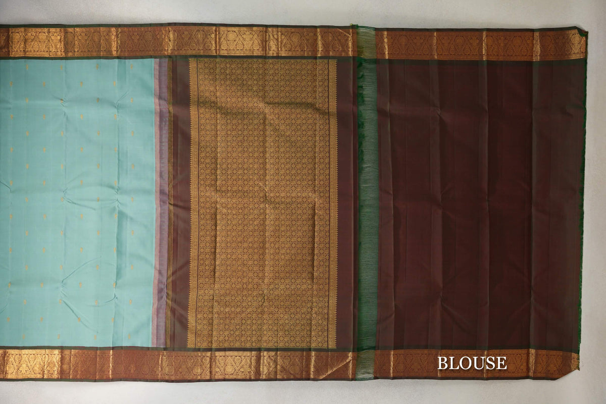 Pastel Sea Green with Dual Tone of Deep Bottle Green and Maroon Borders Vintage Kanjivaram Silk Saree blouse