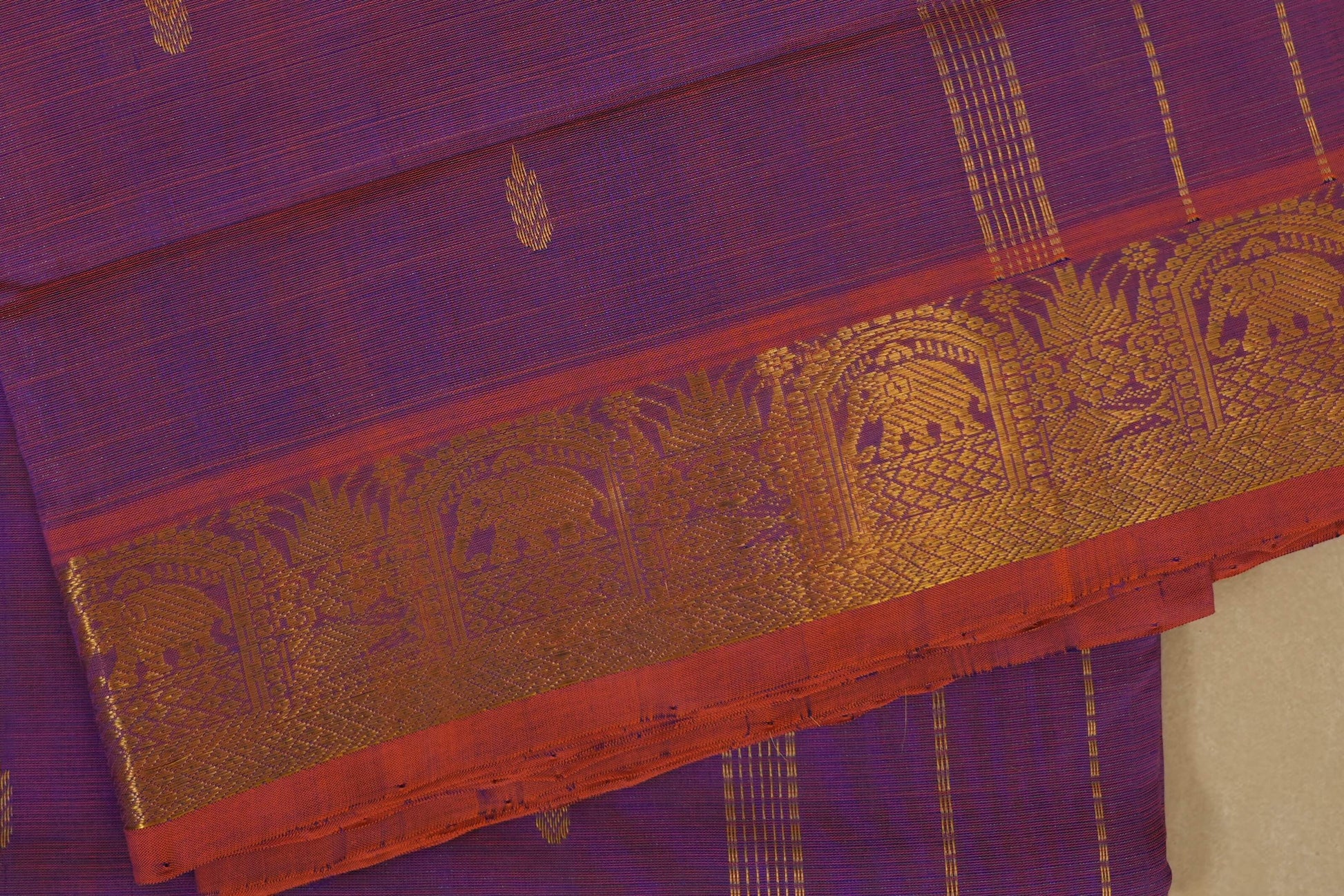 Rust with Violet dual tone Nine and a half Yards Silk Cotton Saree  borders