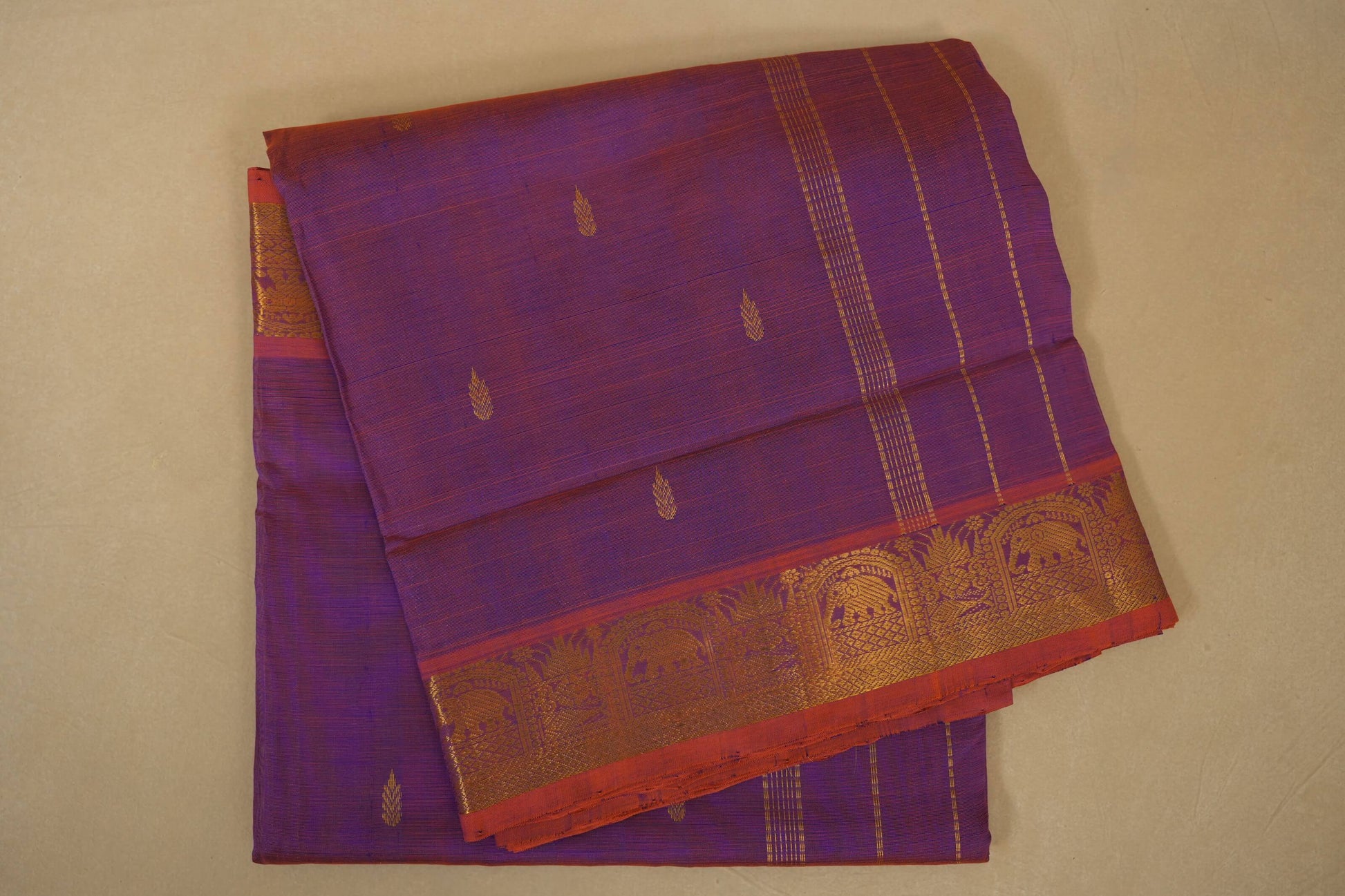 Rust with Violet dual tone Nine and a half Yards Silk Cotton Saree 