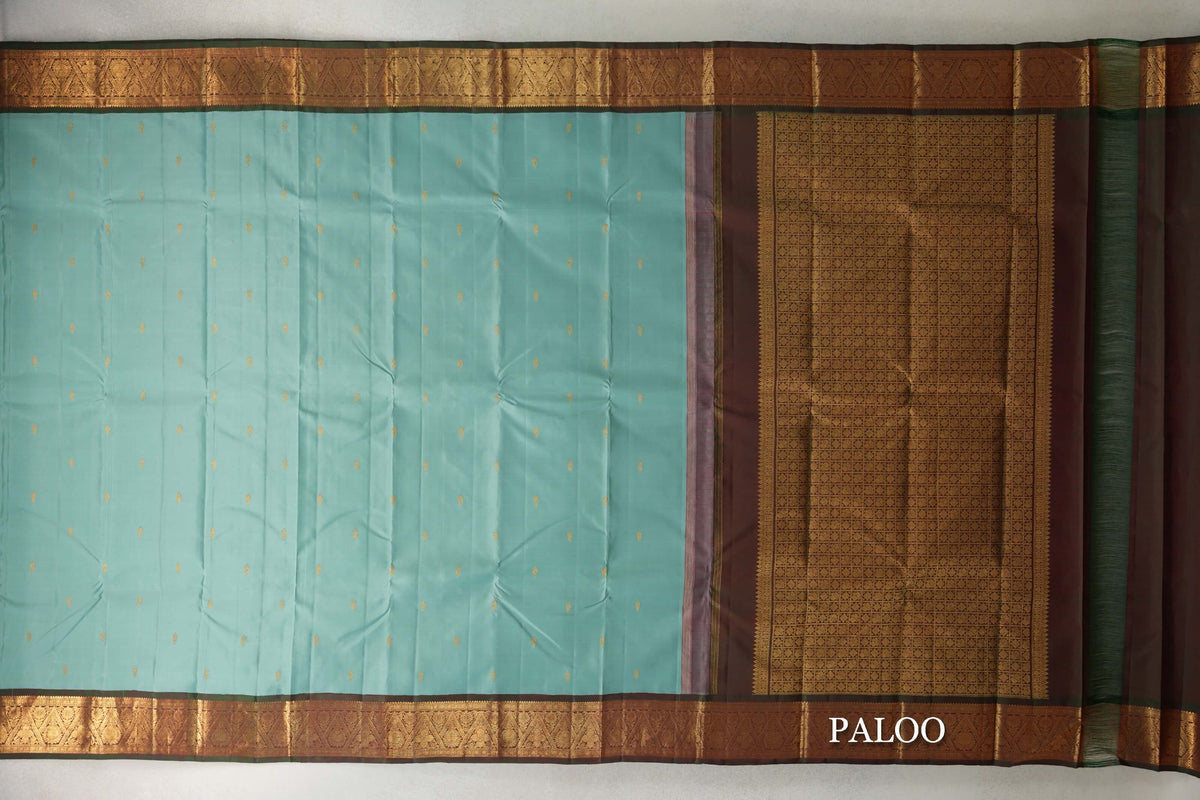 Pastel Sea Green with Dual Tone of Deep Bottle Green and Maroon Borders Vintage Kanjivaram Silk Saree paloo