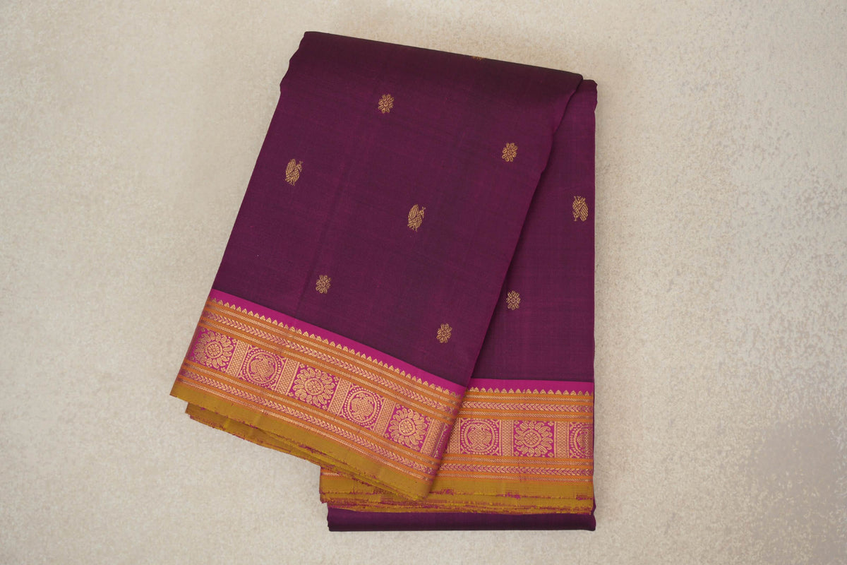 Deep Magenta with Magenta with Olive Green Selvedge Borders Vintage Kanjivaram Silk Saree 