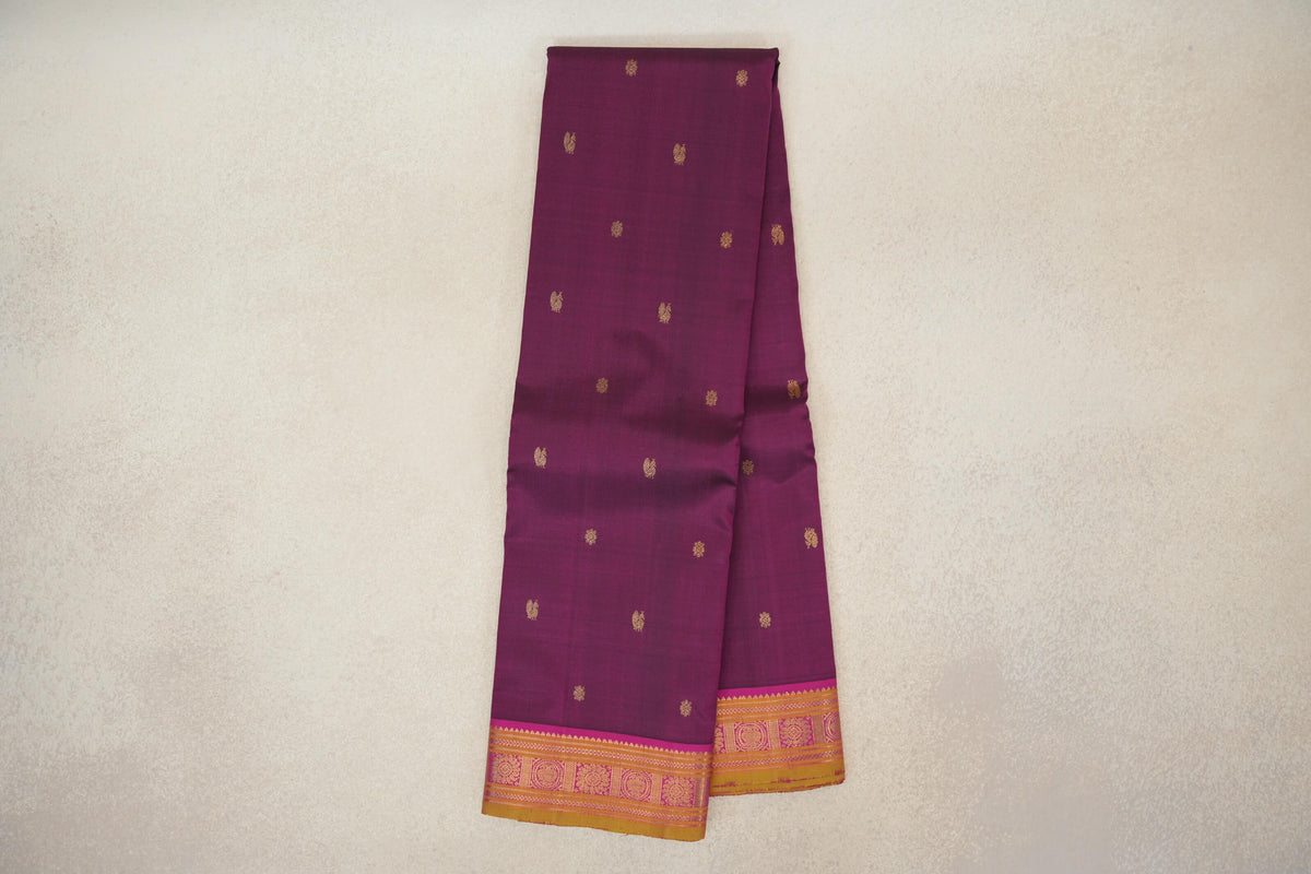 Online Deep Magenta with Magenta with Olive Green Selvedge Borders Vintage Kanjivaram Silk Saree
