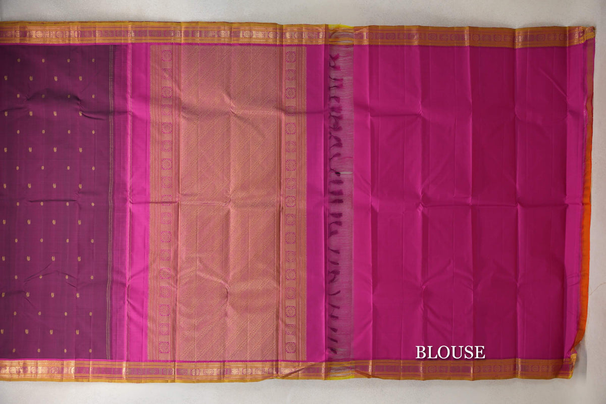 Deep Magenta with Magenta with Olive Green Selvedge Borders Vintage Kanjivaram Silk Saree blouse