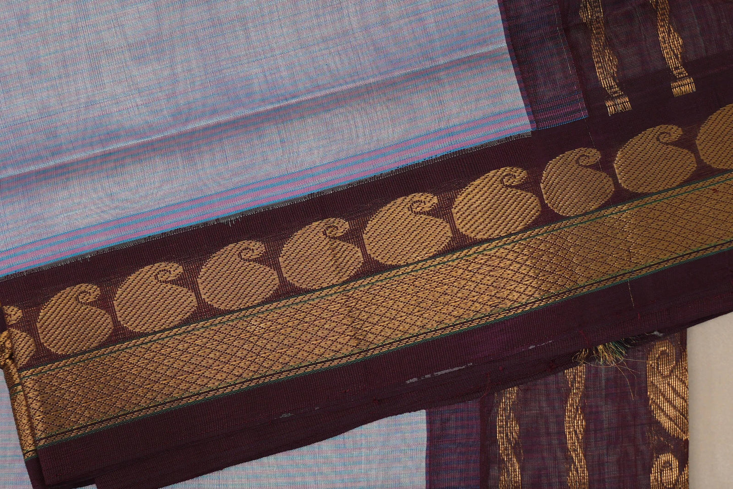 Ice blue with Deep plum Nine and a half Yards Silk Cotton Saree SS9146