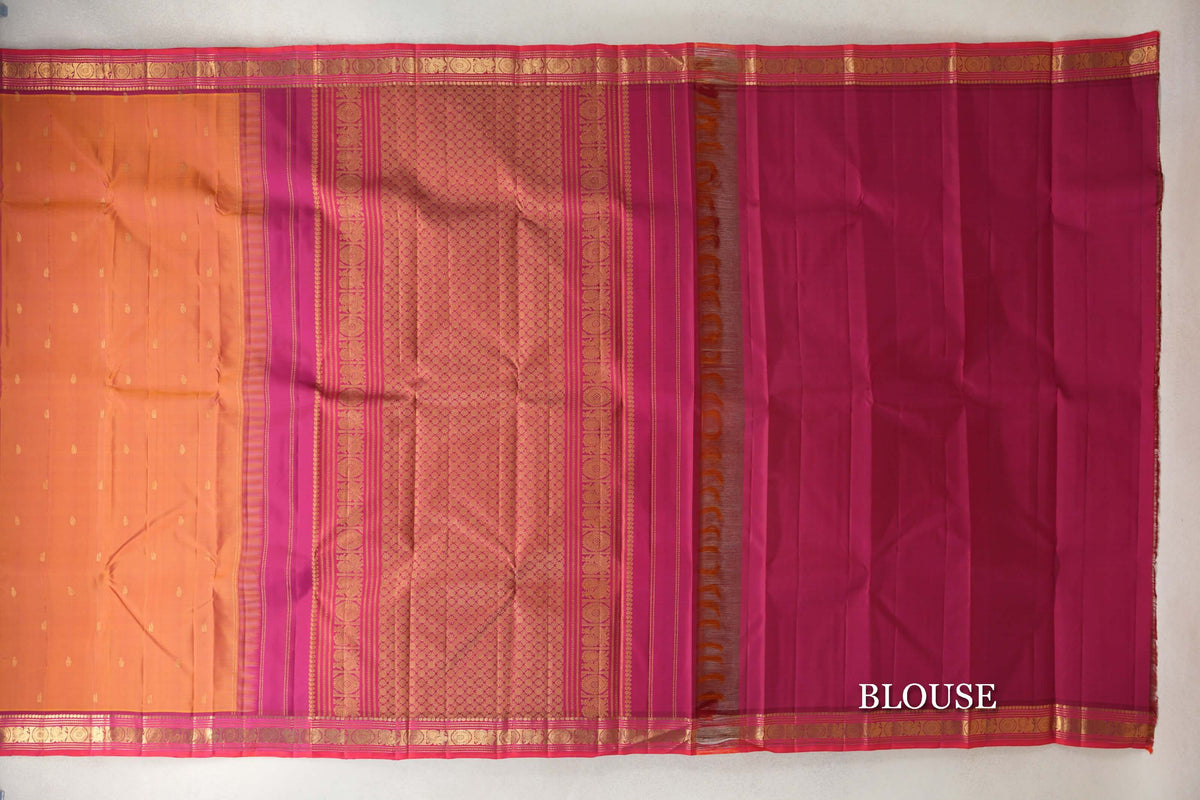 Dual Tone of Yellow and Pink with Deep Rani Pink with Orangish Pink Selvedge Borders Vintage Kanjivaram Silk Saree blouse