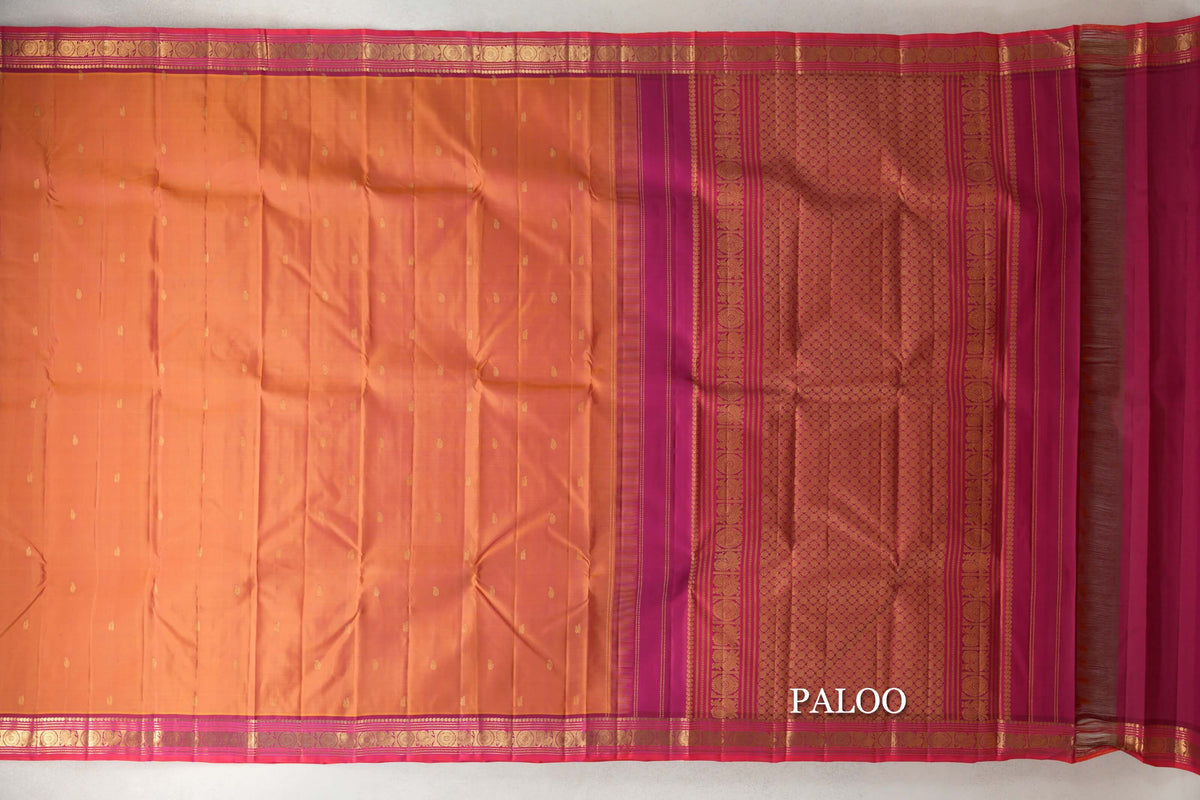 Dual Tone of Yellow and Pink with Deep Rani Pink with Orangish Pink Selvedge Borders Vintage Kanjivaram Silk Saree paloo
