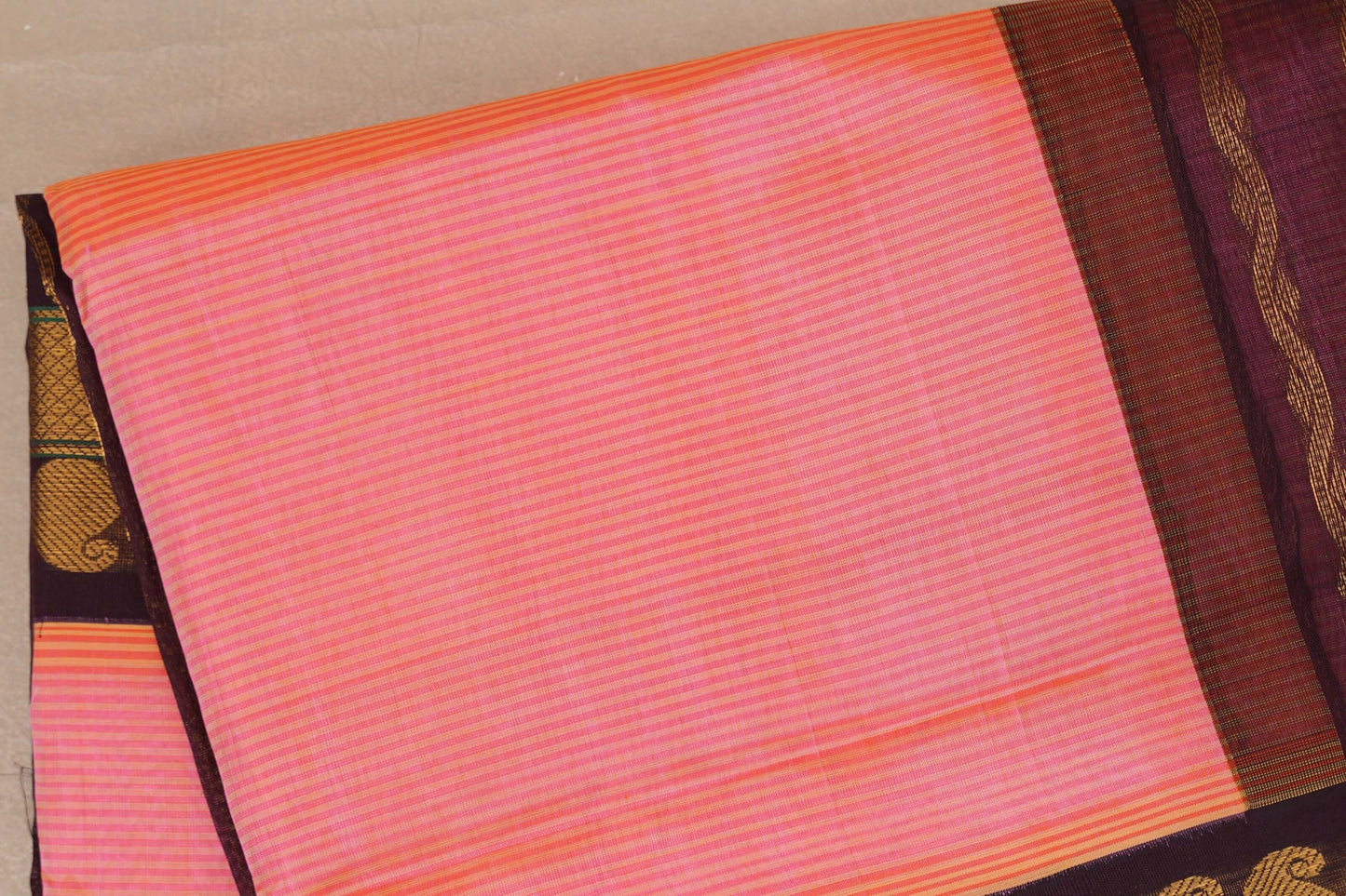 Peach pink with Deep plum Nine and a half Yards Silk Cotton Saree SS9147