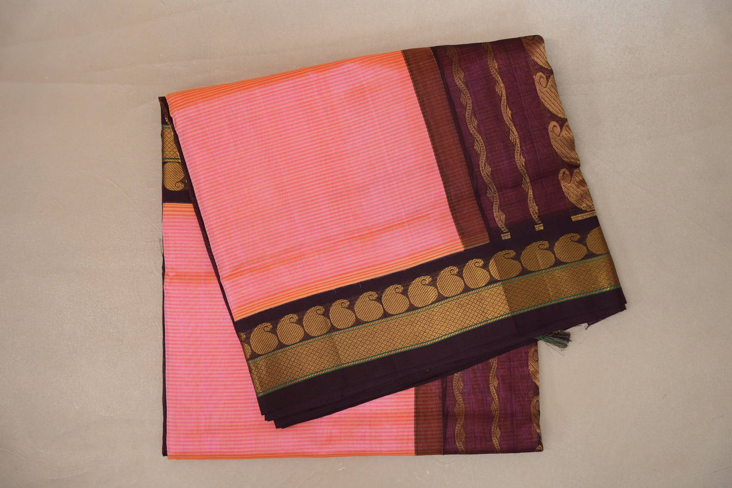 Peach pink with Deep plum Nine and a half Yards Silk Cotton Saree SS9147