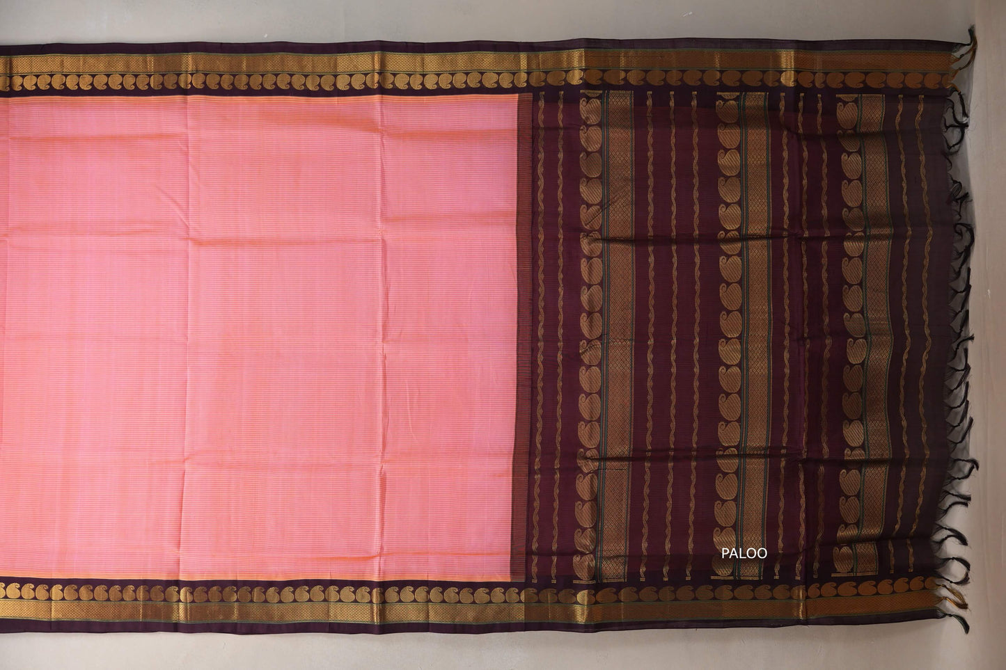 Peach pink with Deep plum Nine and a half Yards Silk Cotton Saree SS9147
