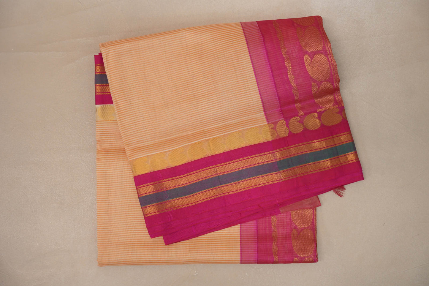 Sandal with Bright pink Nine and a half Yards Silk Cotton Saree SS9148
