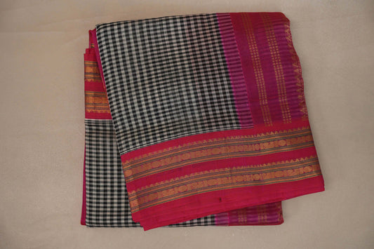 Black and White Checks with Bright pink Nine and a half Yards Silk Cotton Saree SS9149