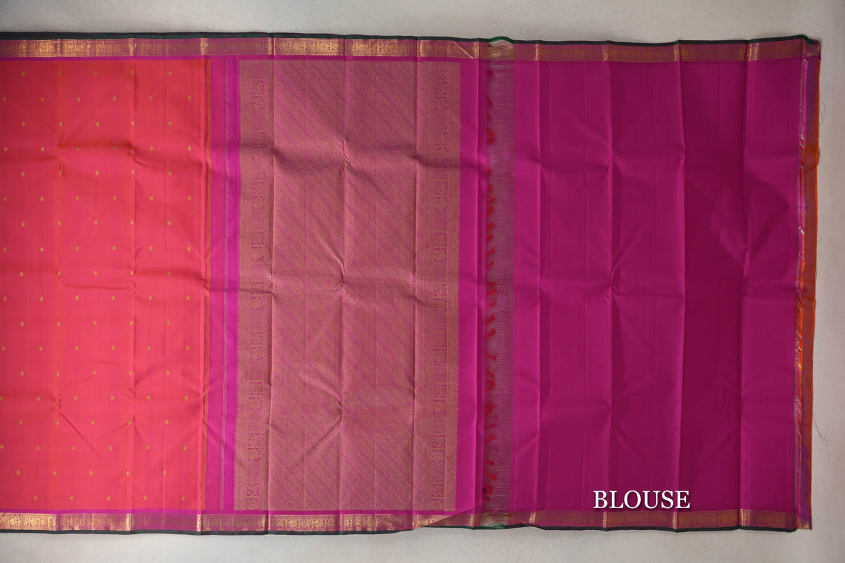 Dual Tone of Orange and Pink with Magenta with Dark Green Selvedge Borders Vintage Kanjivaram Silk Saree blouse