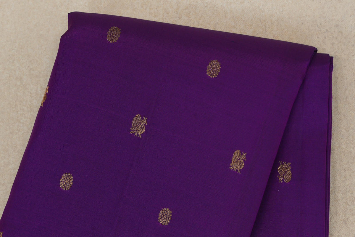 Dark Purple with Dual Tone of Pink and Mustard Yellow with Dark Bottle Green Selvedge Borders Vintage Kanjivaram Silk Saree body