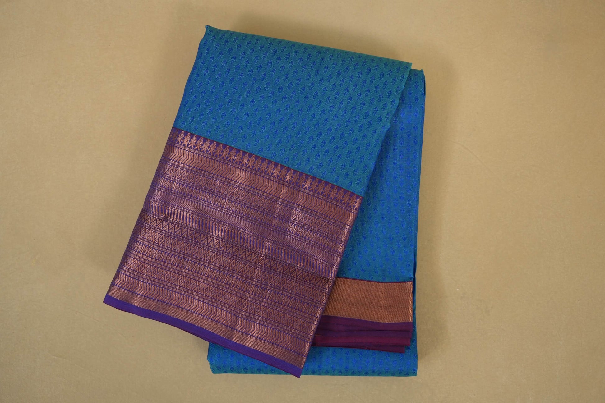 Folded Peacock Blue with Violet Light Weight Kanchipuram Silk Saree